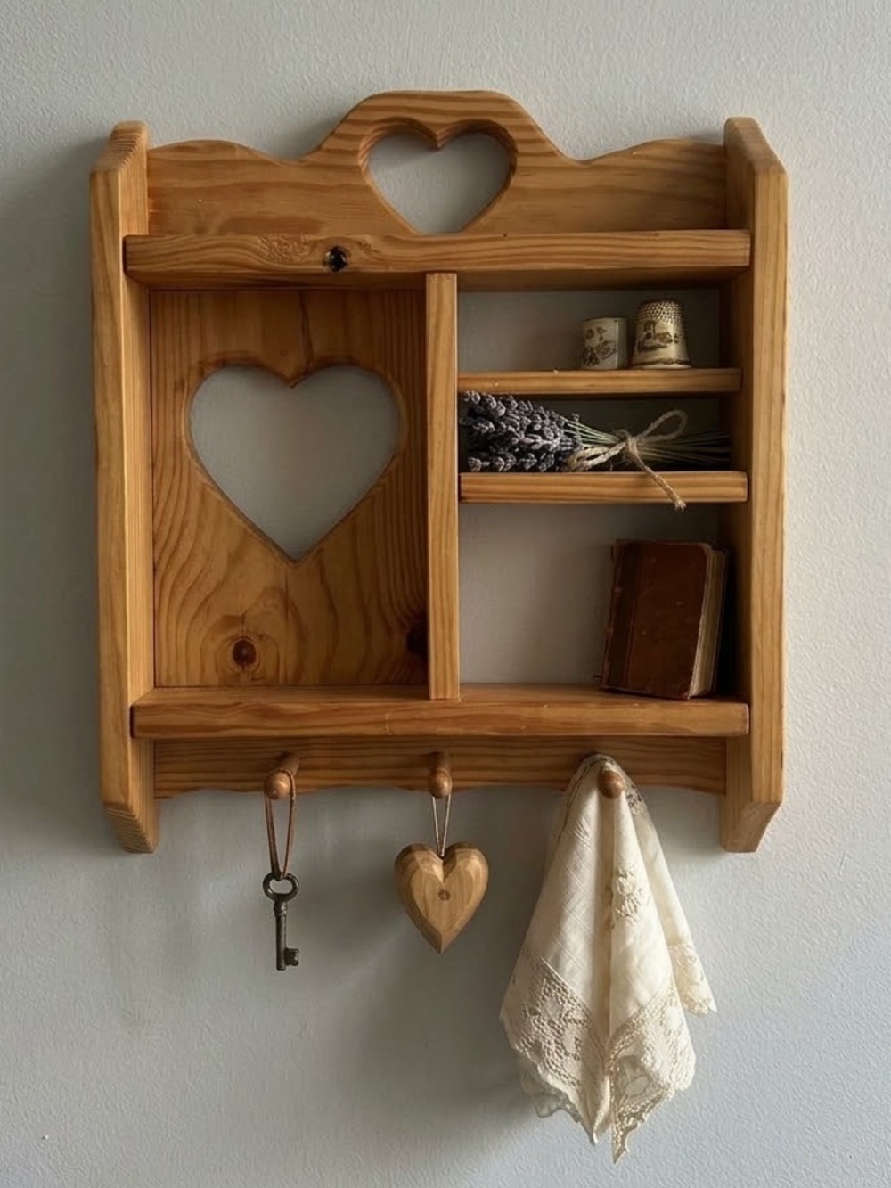 Darling VTG Pine Trinket Wall Shelf with Heart Cutouts & Shaker Pegs